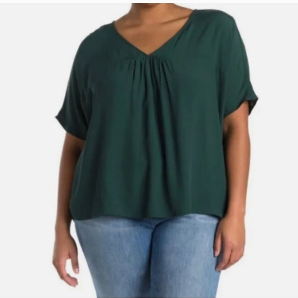 Madewell Dark Green V-Neck Short Sleeve Blouse